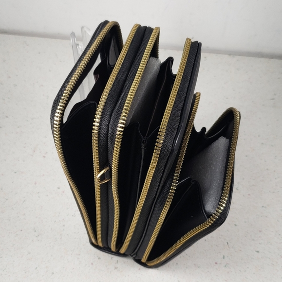 Forever Young Black Vegan Leather 3 Compartment Crossbody Cell Phone Wallet - Picture 8 of 13